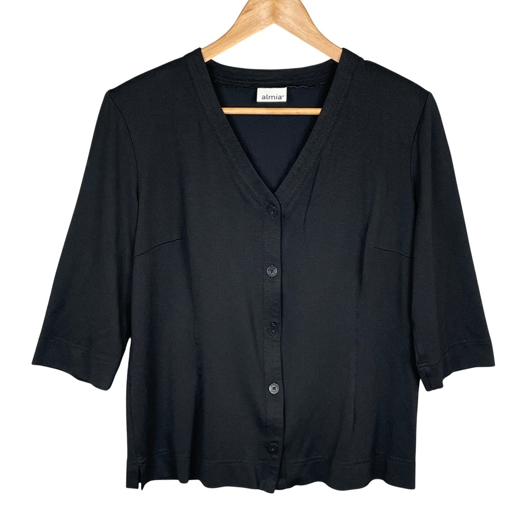 Cropped Black Button Up 3/4 Sleeve Knit Top Womens 12 Capsule Business Casual‎